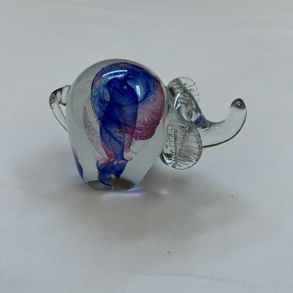 Elephant Paperweight Glass Figurine Clear Blue Pink Swirls Decorative Unbranded